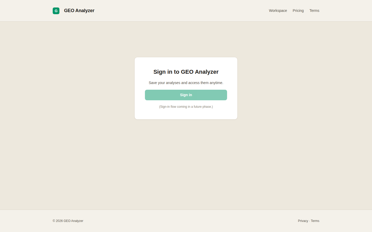 GEO Analyzer desktop landing page screenshot